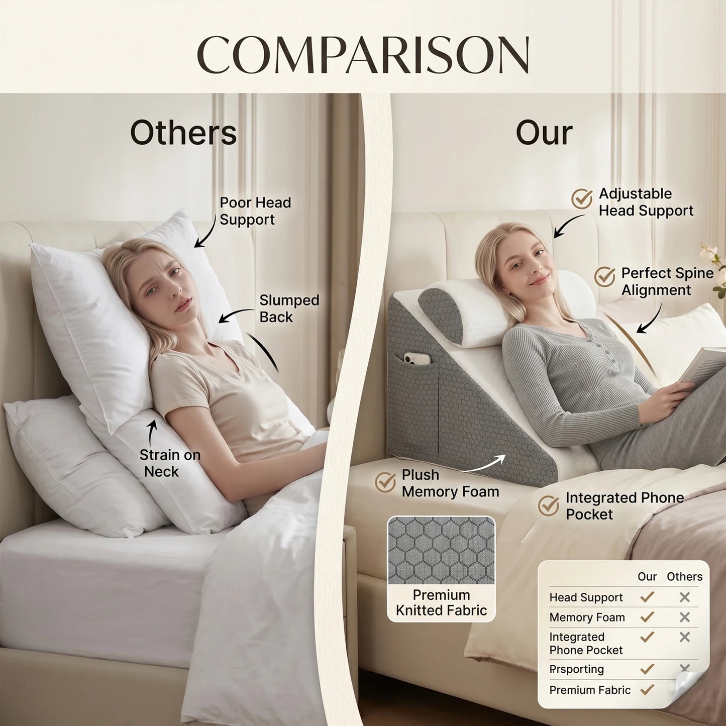 2PCS Memory Foam Wedge Pillow for Acid Reflux, Back Pain Relief, Headboard, Sleeping, Snoring, Back Support, After Surgery